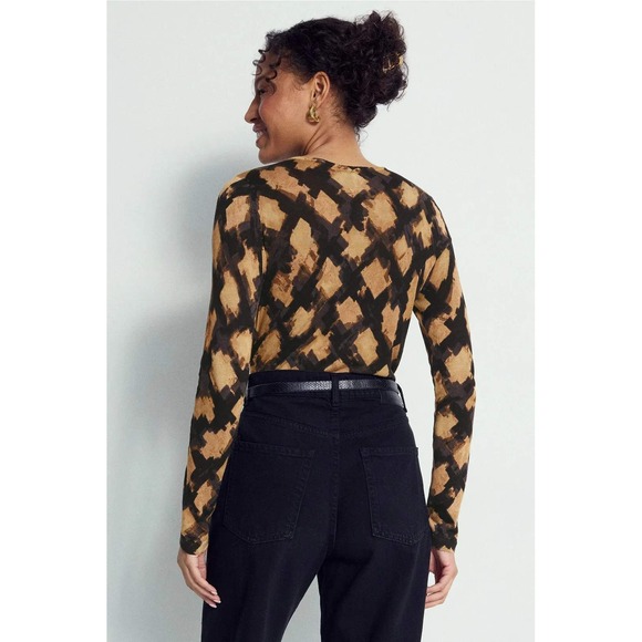 NIC+ZOE Womens Tan Black Abstract Brushstroke Grid Lightweight Sweater Size M